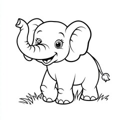 Fototapeta premium Joyful Elephant in Meadow: This adorable, cartoon-style elephant radiates happiness while standing in a grassy meadow. Its trunk is raised, eyes gleaming with joy, offering an inviting feel.