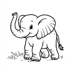 Joyful baby elephant illustration: A cheerful baby elephant with an upraised trunk stands in a grassy field, exuding a sense of joy and playful innocence in a minimalist outline