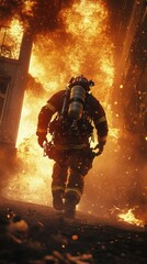 A firefighter, equipped with protective gear, dashes into a burning building.