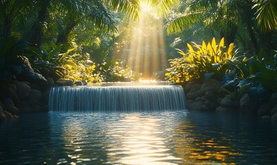 a beautiful waterfall in a tropical forest with sunlight shining through the trees.