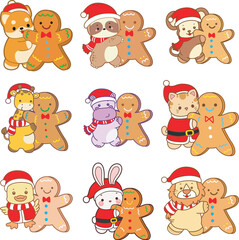 Obraz premium Cute animals vector icon with christmas theme. Funny baby animal christmas illustration.