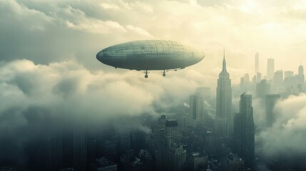 Naklejka premium A futuristic airship flies above a city shrouded in clouds.