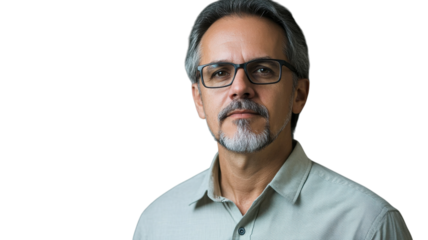 Middle-aged man with glasses poses confidently against a neutral background while wearing a light-colored collared shirt