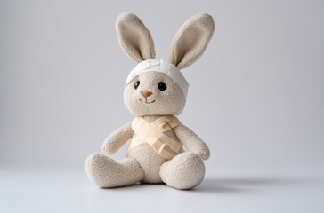 Obraz premium Soft plush bunny wearing bandages, resting on white surface, representing childhood healing and medical care
