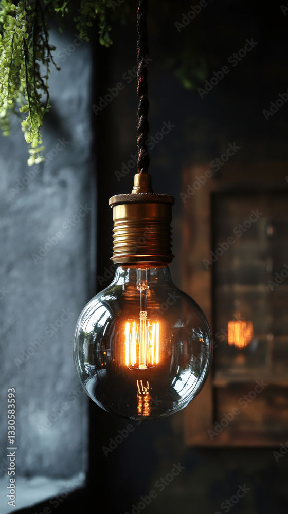 Poster Round led light bulb hanging from the ceiling with blurred background in vintage style with copy space