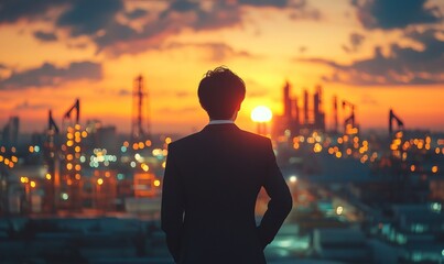 Fototapeta premium a businessman standing and looking at industrial city.