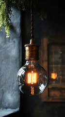 Round led light bulb hanging from the ceiling with blurred background in vintage style with copy space