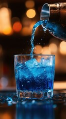 A glass of blue liquid is poured into a glass