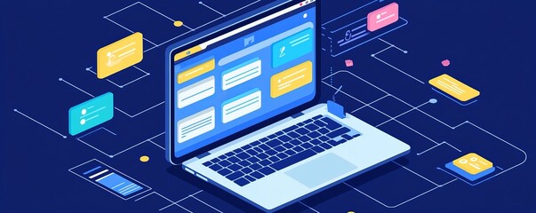 Fototapeta premium a laptop with an interface and digital network on background.