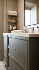 Fototapeta premium close up, bright bathroom, cinematic photography, no blur, highly detailed, realistic, chic, dresser, mirror, empty shelf