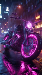 a motorcycle parked on a city street with pink neon lights reflecting on the wet ground.