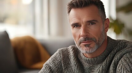 Obraz premium Middle-Aged Man in Casual Sweater Relaxing at Home in Natural Light
