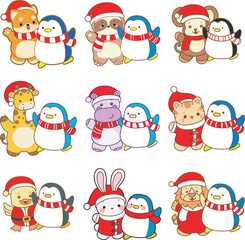 Cute animals vector icon with christmas theme. Funny baby animal christmas illustration.