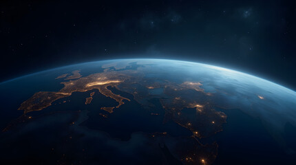 Dramatic Cinematic Night Earth View Europe City Lights Horizon