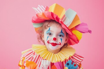 Fototapeta premium A young child wearing a bright orange wig and red nose, dressed in a colorful clown costume