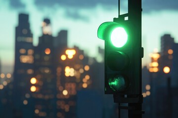 A green traffic light stands out against the backdrop of a bustling city skyline, indicating a safe passage