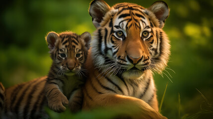 Fototapeta premium Portrait of a mother tigress and cub in their natural habitat