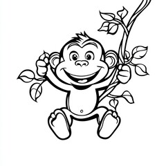 Playful Monkey: A cheerful cartoon monkey with a wide smile, happily swinging from a leafy branch, rendered in a clean and engaging line art style.
