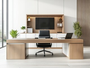 Modern minimalist office with wooden desk, TV, and plants.