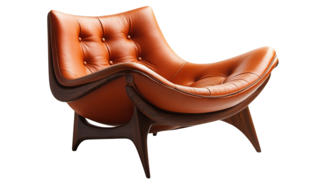 Retro modern chair showcasing mid-century design with smooth curves and vibrant orange leather upholstery