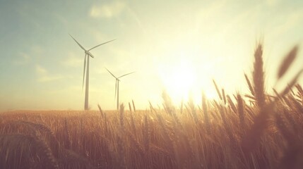 Tranquil Landscape with Wind Turbines and Golden Wheat Fields