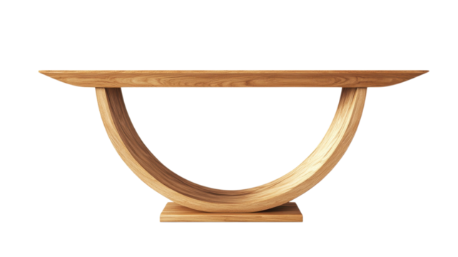 Elegant wooden console table with a unique circular base design, ideal for modern interiors and decor themes