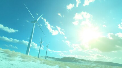 Wind Turbines Against Bright Sky and Cloudy Landscape in Daylight
