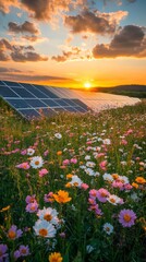 solar panels surrounded by colorful flowers under sunset.