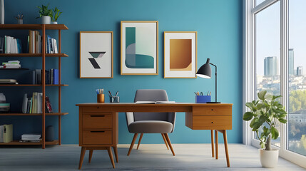 Modern Home Office with Teal Walls and Wooden Desk