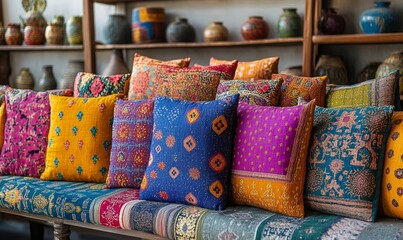 a collection of decorative pillows arranged on a long bench.