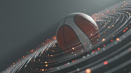 A stunning 3D render of a hot basketball, glowing with fiery energy and surrounded by a dense, atmospheric fog, all in a seamless loop. 
