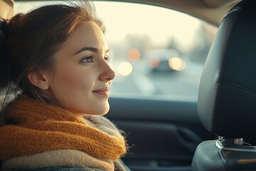 a young woman with a scarf in the car.