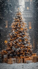 a Christmas tree with gifts in a snowy night