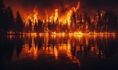 a raging wildfire consumes a forest, reflected in a calm lake.