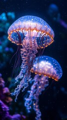 two jellyfish swimming in dark water.