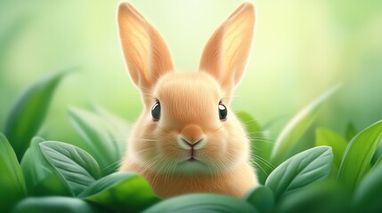 Obraz premium Cute rabbit peeking through vibrant green leaves in a tranquil forest setting during daylight