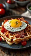 a waffle topped with a fried egg, bacon, and cherry tomatoes on a plate.
