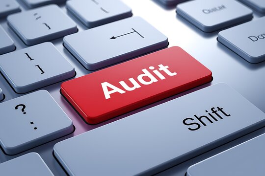 Close-Up of Computer Keyboard Featuring Bold Red "Audit" Button. audit, financial audit, internal audit, business audit, tax audit, auditing process