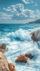 a scenic view of ocean waves crashing against the rocky coast.