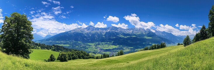 Obraz premium Breathtaking panoramic view of the Swiss Alps showcasing vibrant green meadows, majestic peaks, and vivid blue skies under fluffy white clouds