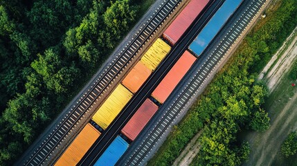 Aerial View of Freight Train Transporting Colorful Shipping Containers