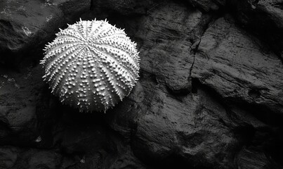 a sea urchin fossil on dark rock.