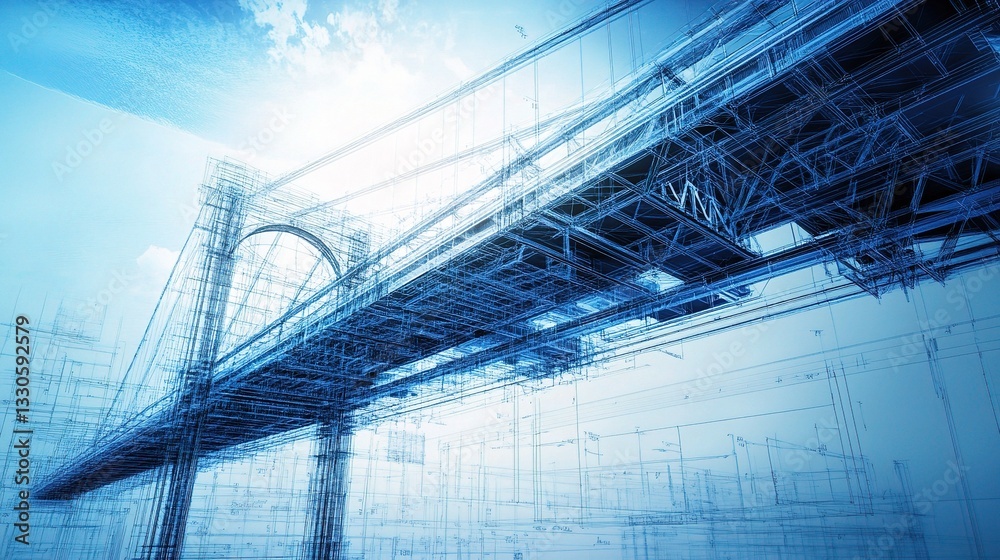 Poster detailed 3d blueprint rendering of modern bridge structure
