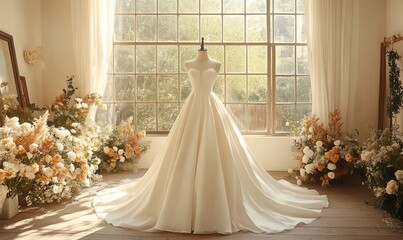a bridal gown displayed on a mannequin in a bright, airy room.