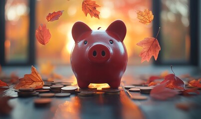 a piggy bank with fall leaves around coins.