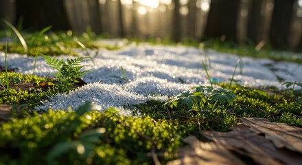 Melting Snow and Green Moss in a Forest with Sunlight Shining Through