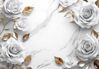 White roses frame with golden details over white background with copy space