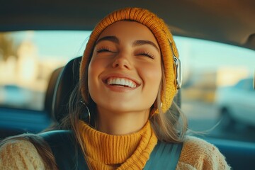 a woman in a yellow hat and sweater smiling while in a car