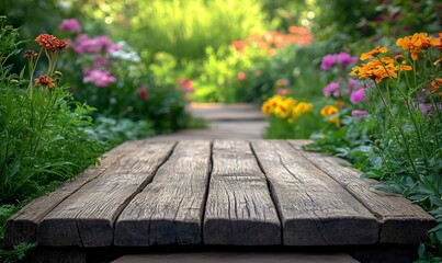 wooden walkway leading through a vibrant flower garden.