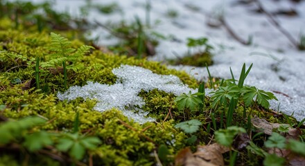 Melting Snow on Moss with Green Plants Emerging in Early Spring